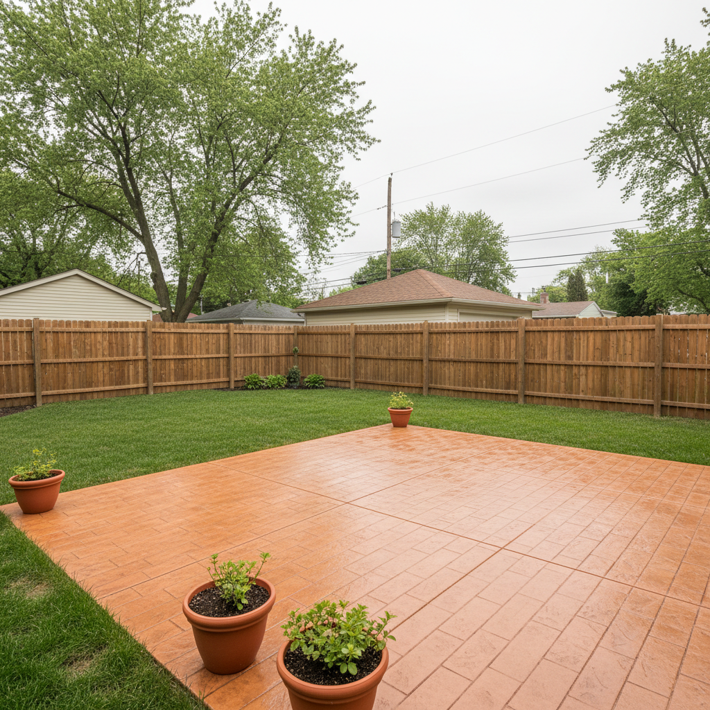 Chicago backyard with a freshly poured tinted stamped concrete patio, cedar privacy fence, and terracotta planters.