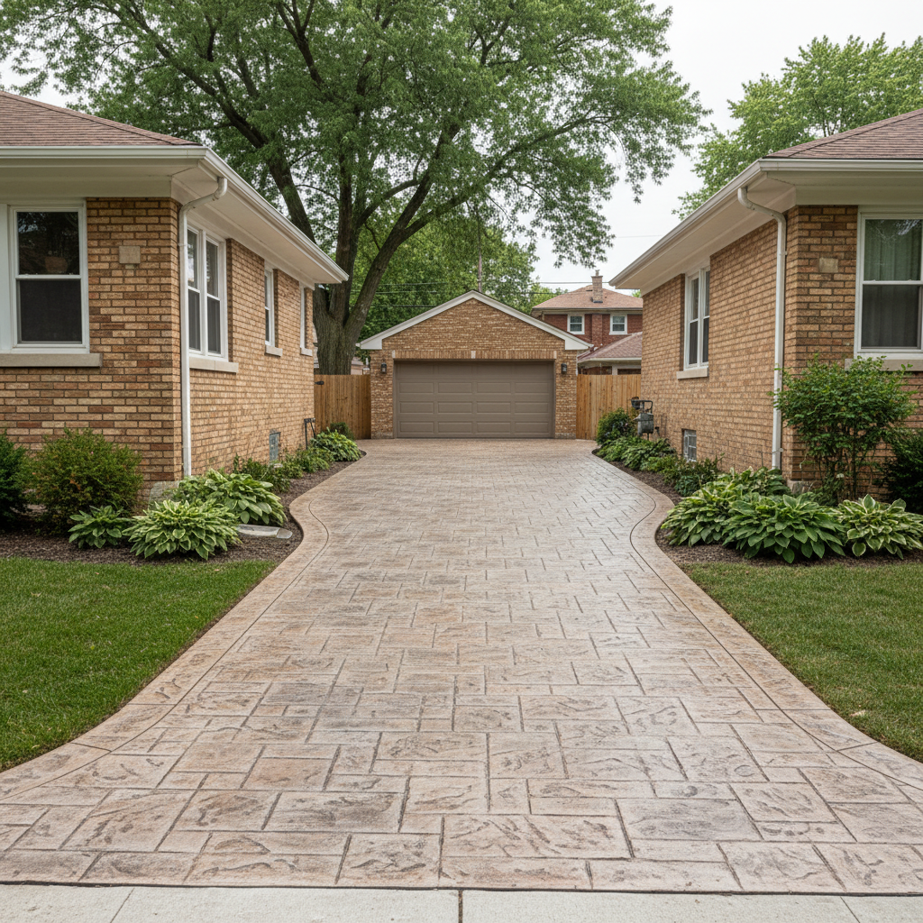 Newly poured stamped concrete driveway of a Chicago brick bungalow leading from the detached garage to the street.