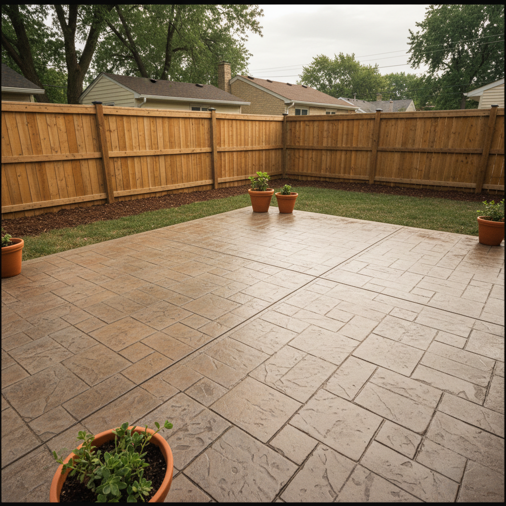 Stamped concrete patio with a warm tinted ashlar pattern, cedar privacy fence and terracotta planters in a Chicago residential backyard.