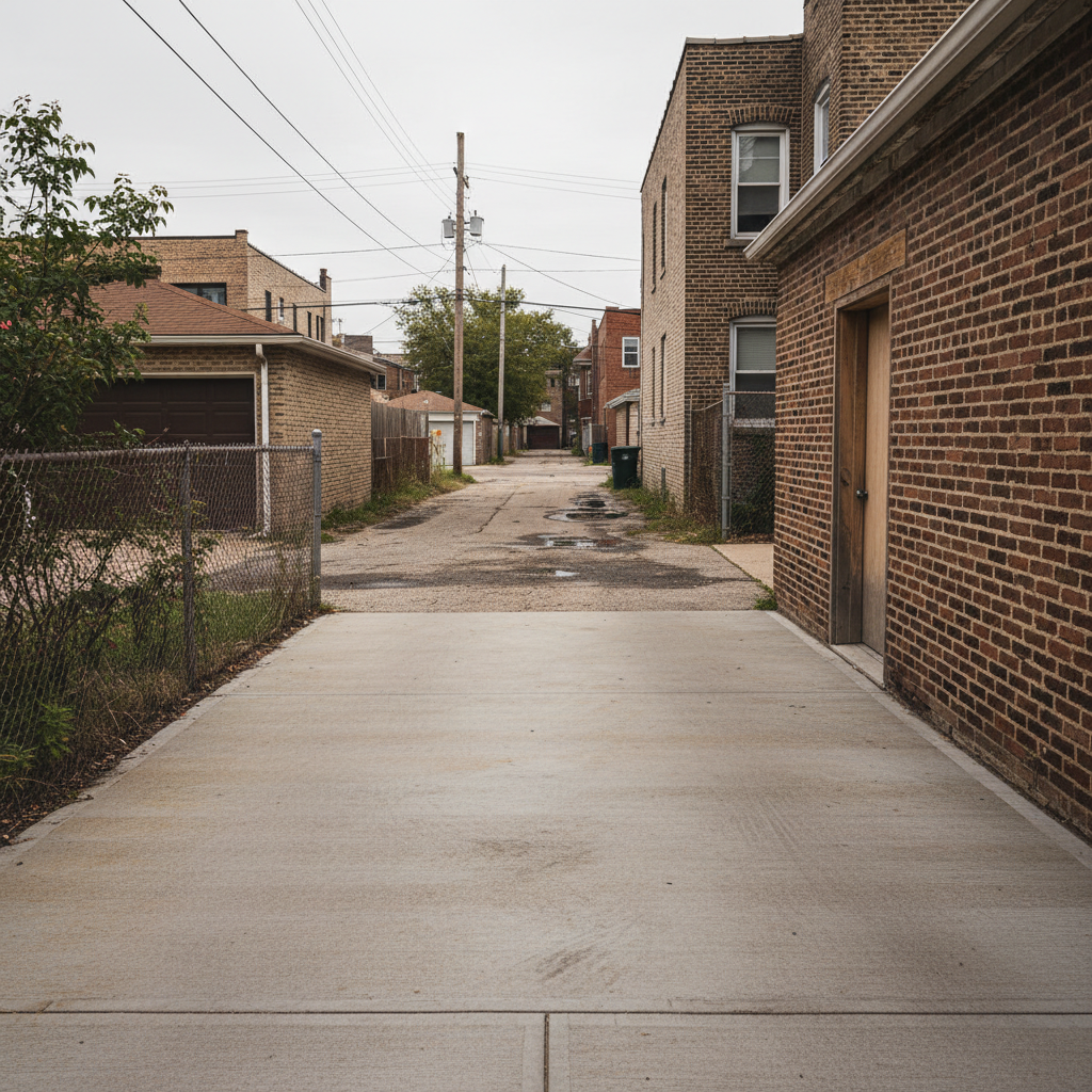 Standard broom-finish concrete parking pad behind a Chicago brick two-flat garage, accessed from the alley.