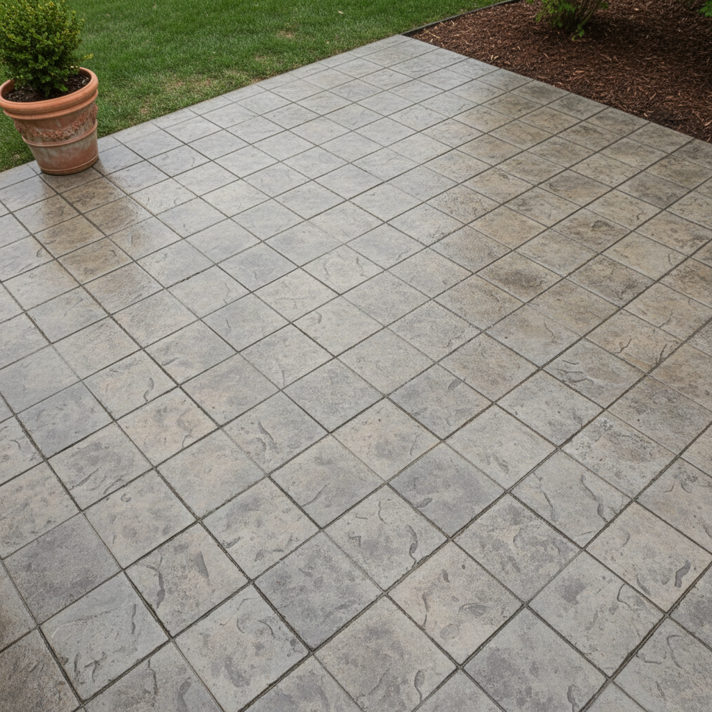 Finished stamped concrete patio surface with an ashlar slate pattern, warm beige tint, in a Chicago residential backyard.